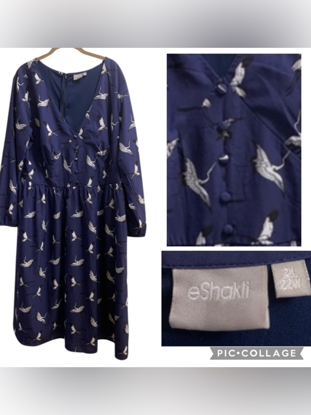 eShakti Japanese Crane Blue Midi Dress Women’s Size 2X (22W) Back Zipper Hook